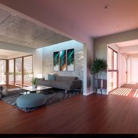 Estar contemporáneo integrado y diáfano, celosías de madera y luz natural cenital