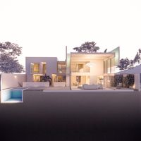 Maqueta digital BIM de casa contemporánea con volumetría ortogonal, patios, piscina y jardines