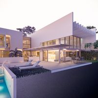 Maqueta digital BIM de casa contemporánea con volumetría ortogonal, patios, piscina y jardines