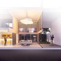 Maqueta digital BIM de casa contemporánea con volumetría ortogonal y espacialidad