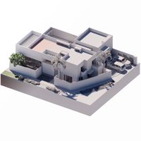Maqueta digital BIM de vivienda unifamiliar contempor&aacute;nea con volumetr&iacute;a ortogonal y patios interiores